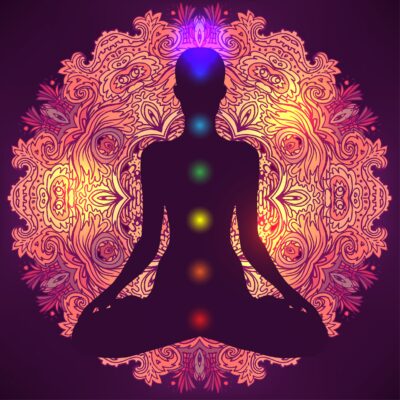 Woman ornate silhouette sitting in lotus pose. Meditation, aura and chakras. Vector illustration.